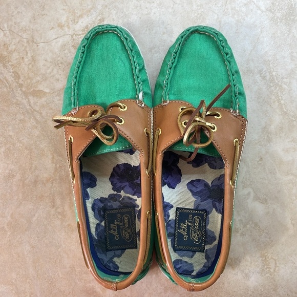 Milly for Sperry Top-Sider Green Canvas & Tan Leather Boat Shoes Sz 9 Slip-On - Picture 5 of 15